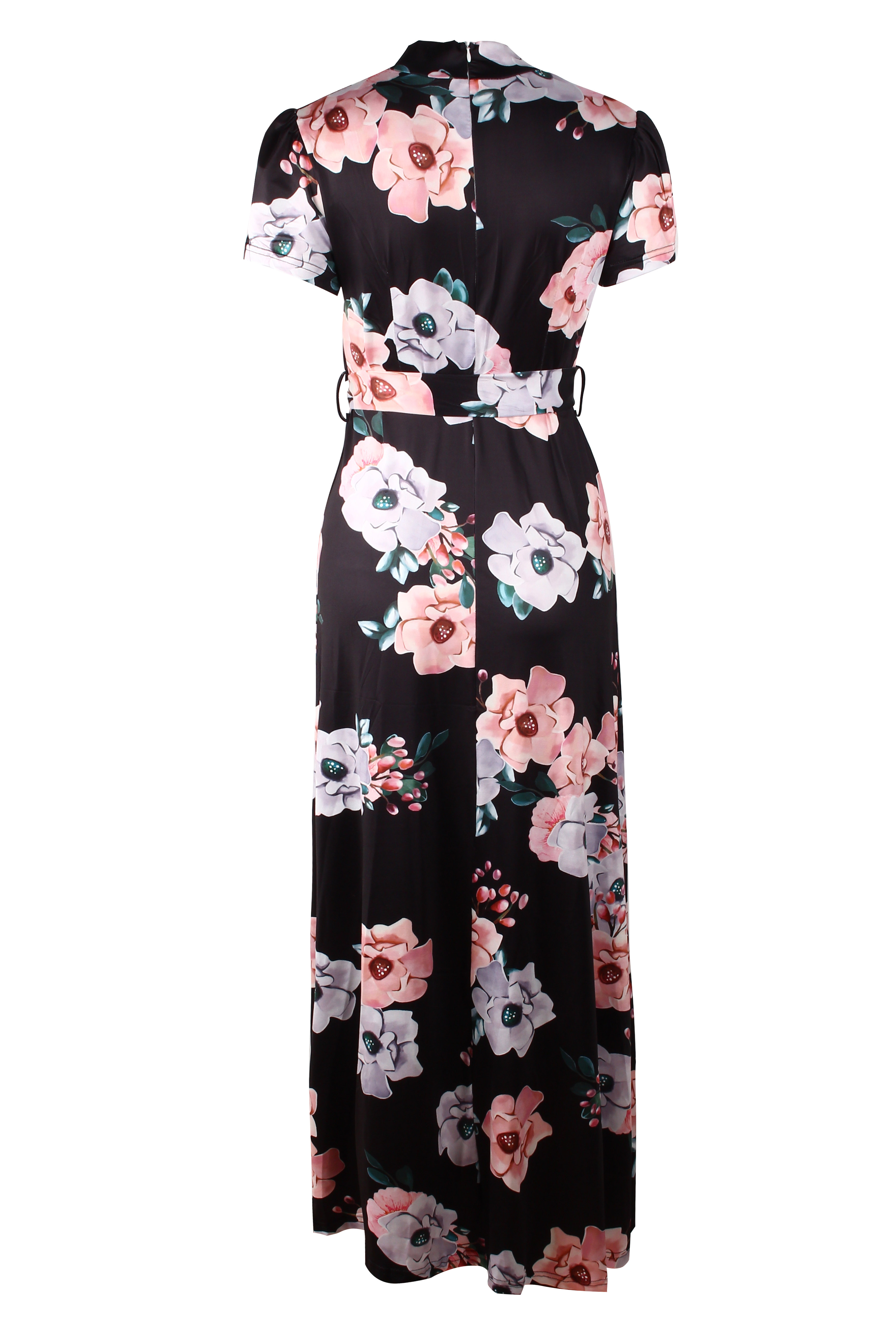 Short Sleeve Floral Long Dress with Belt