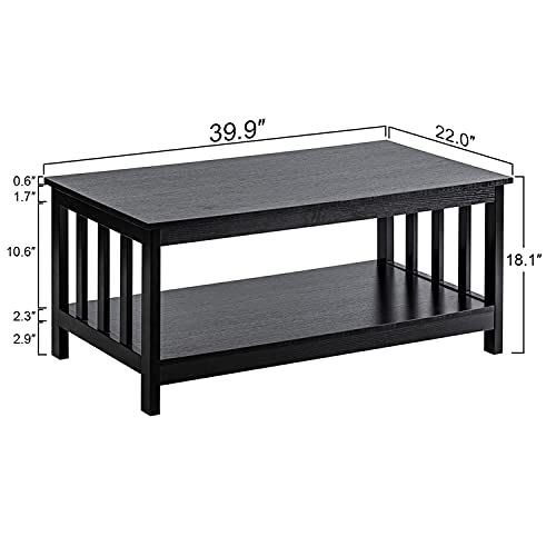 ChooChoo Mission Coffee Table, Black Wood Living Room Table with Shelf / 40 Inches