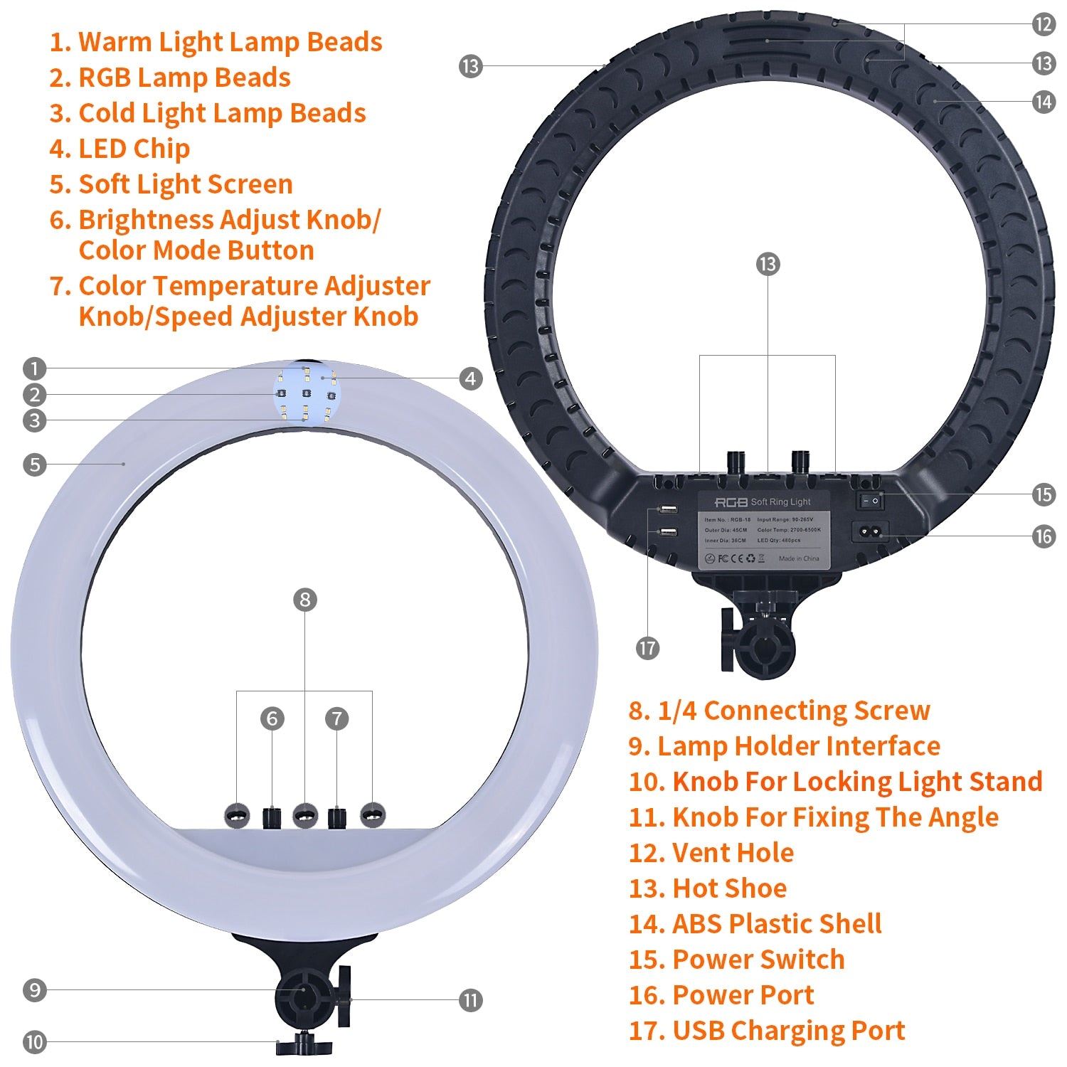 18 Inch Led RGB Ring Light Photographic Lighting 2700-6500K Ring Lamp With Tripod and USB