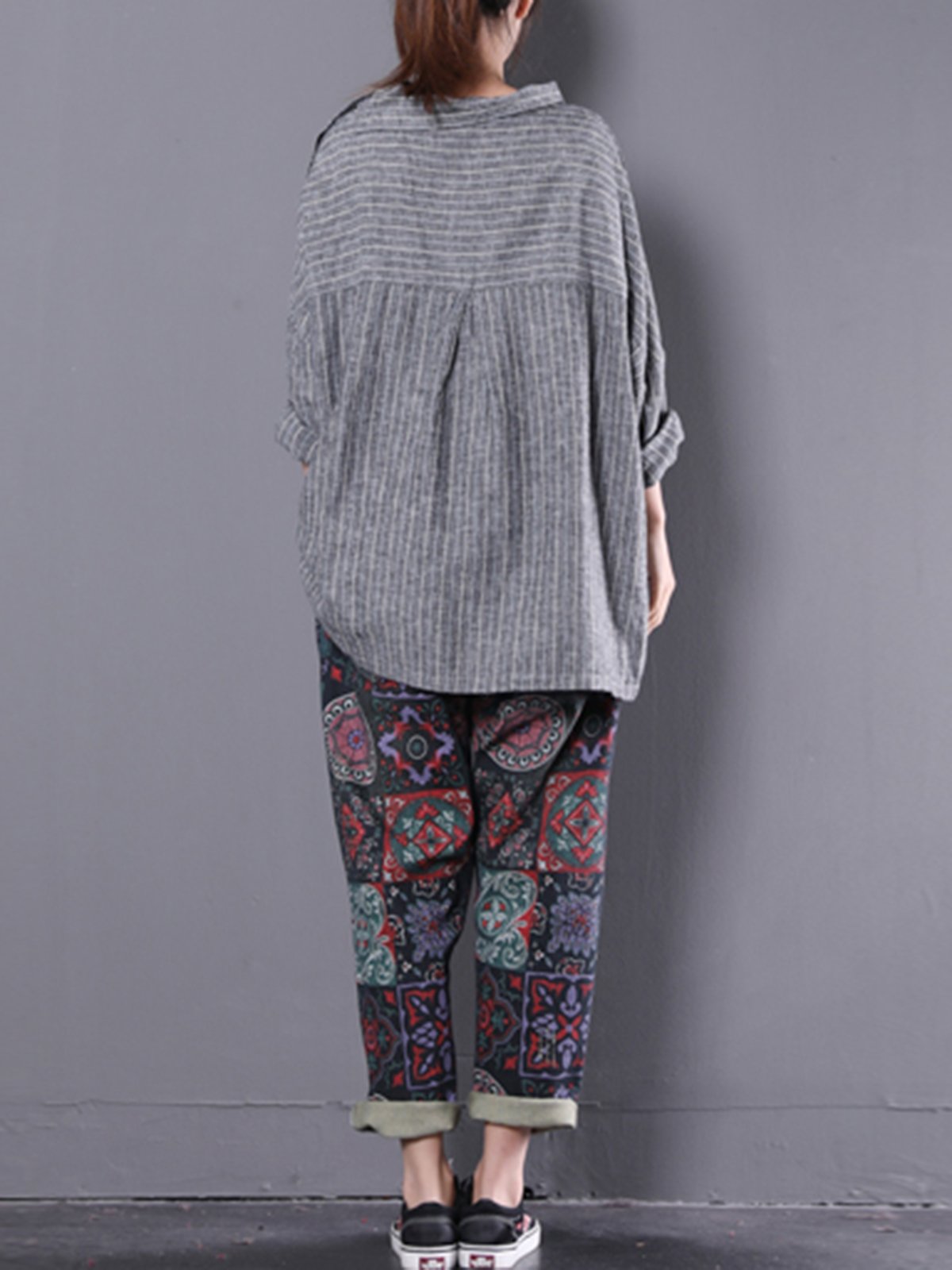 Shawl Collar Stripes Long Sleeve Blouse