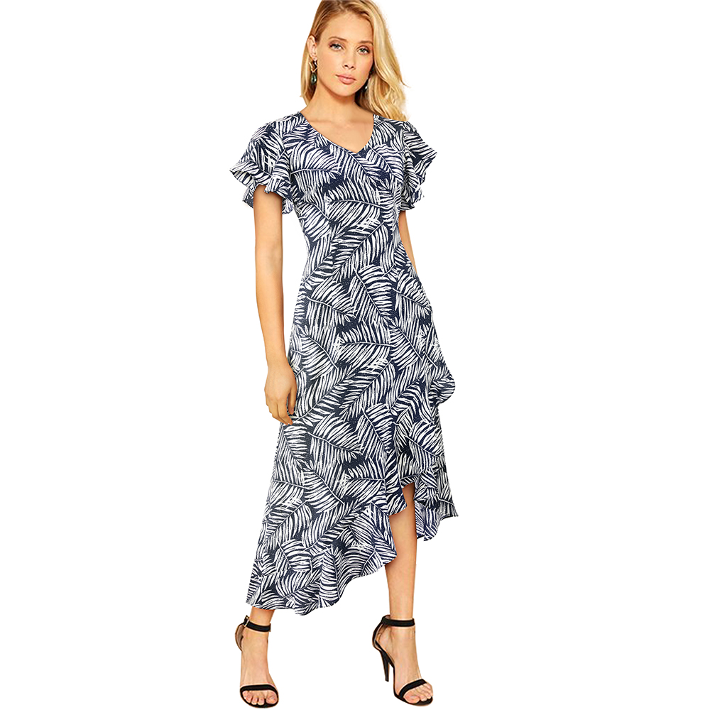 Print Wrapped Long Irregular Ruffle Dress