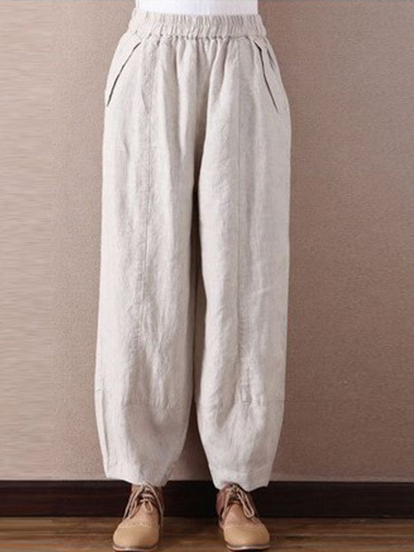 Linen Wide Leg Pants Loose Elastic Waist Trousers Casual Bloomers