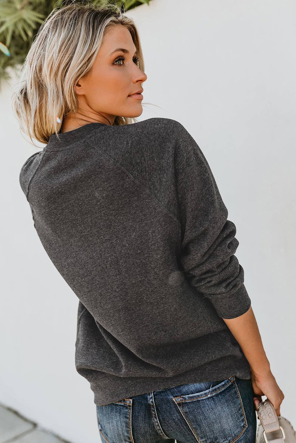 Dark Gray Letter Print Long Sleeve Pullover Casual Sweatshirt