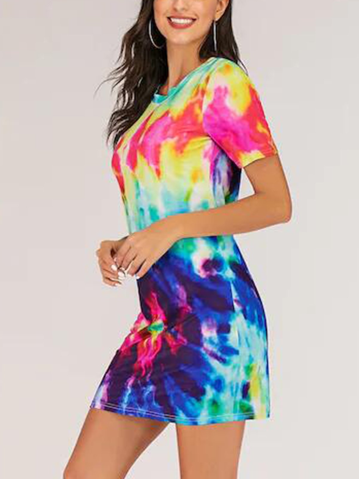 Multicolor Round Neck Short Sleeve Cotton Casual Dresses