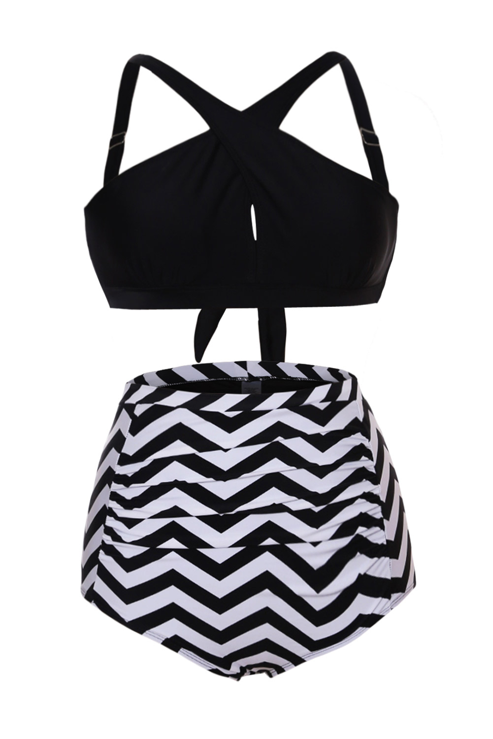 Black Cross Front Bikini Zigzag High Waist Swimsuit