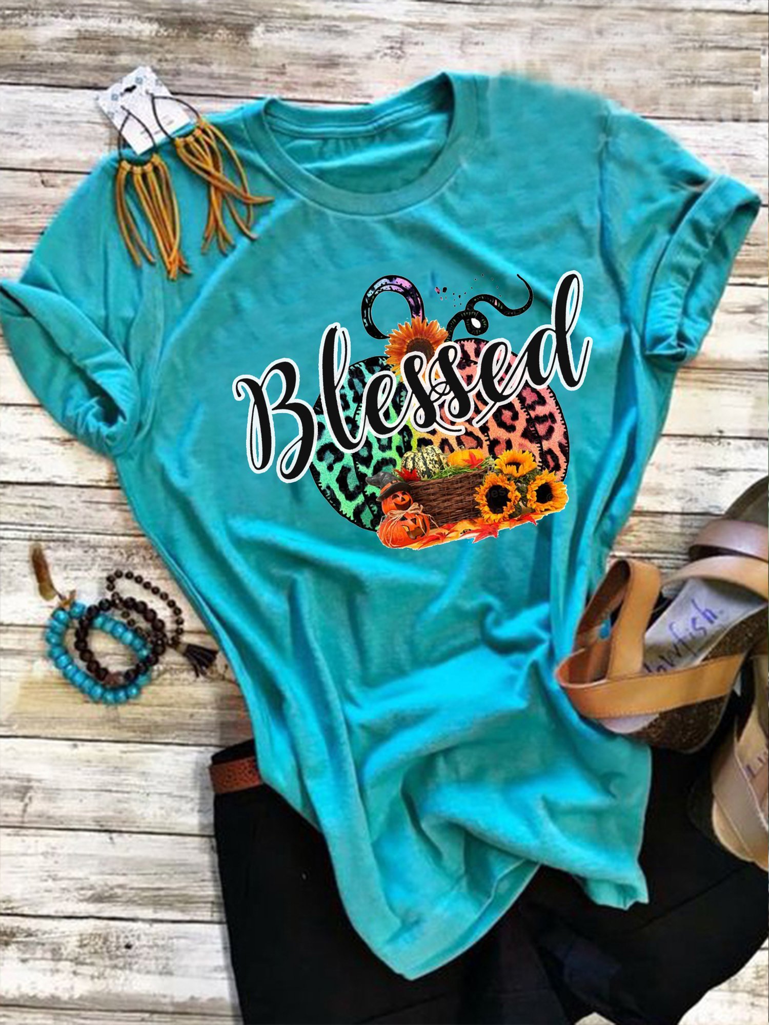 Blue Short Sleeve Cotton Crew Neck Printed Shirts & Tops