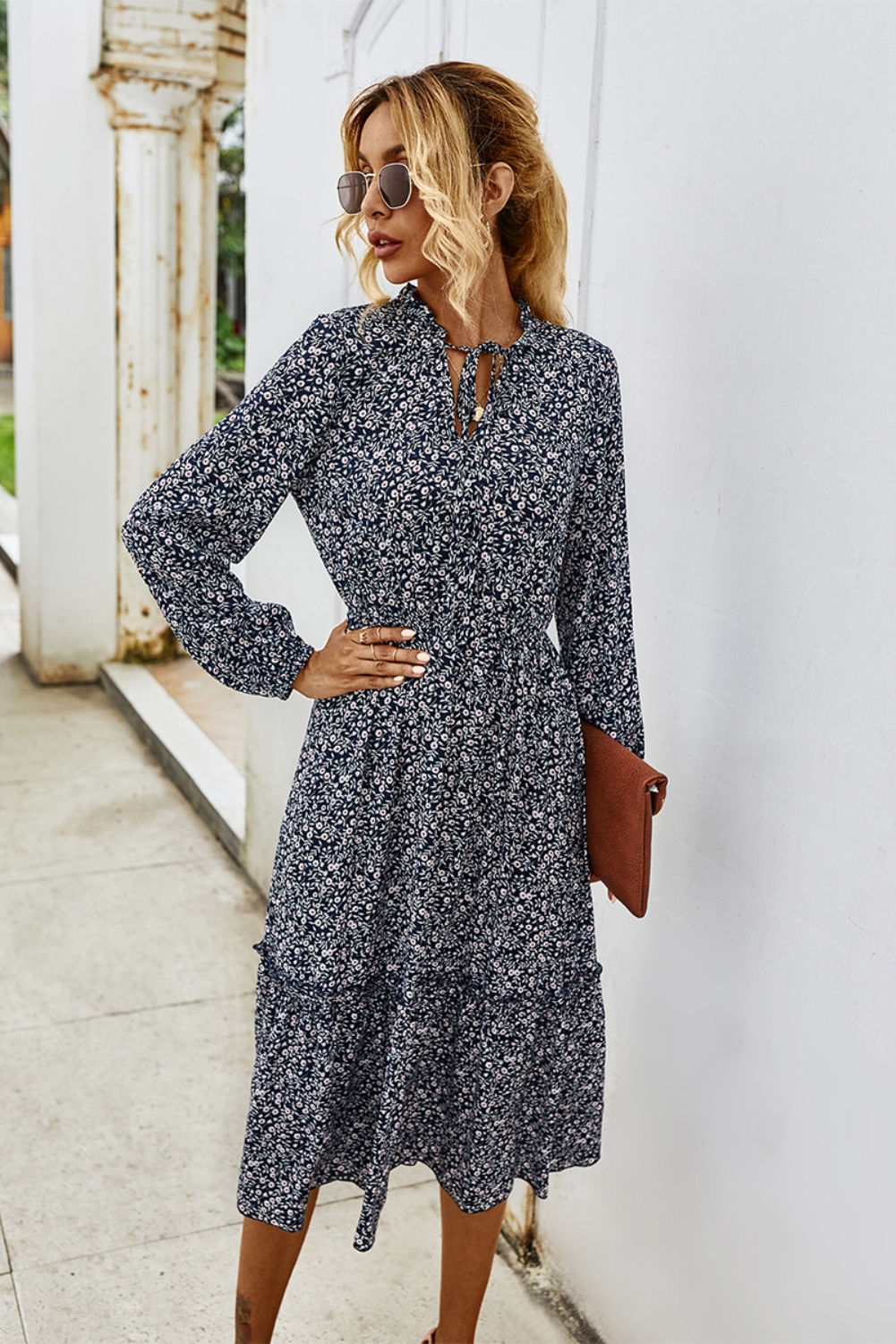 Fall Long Sleeve O Neck Dot Long Dress