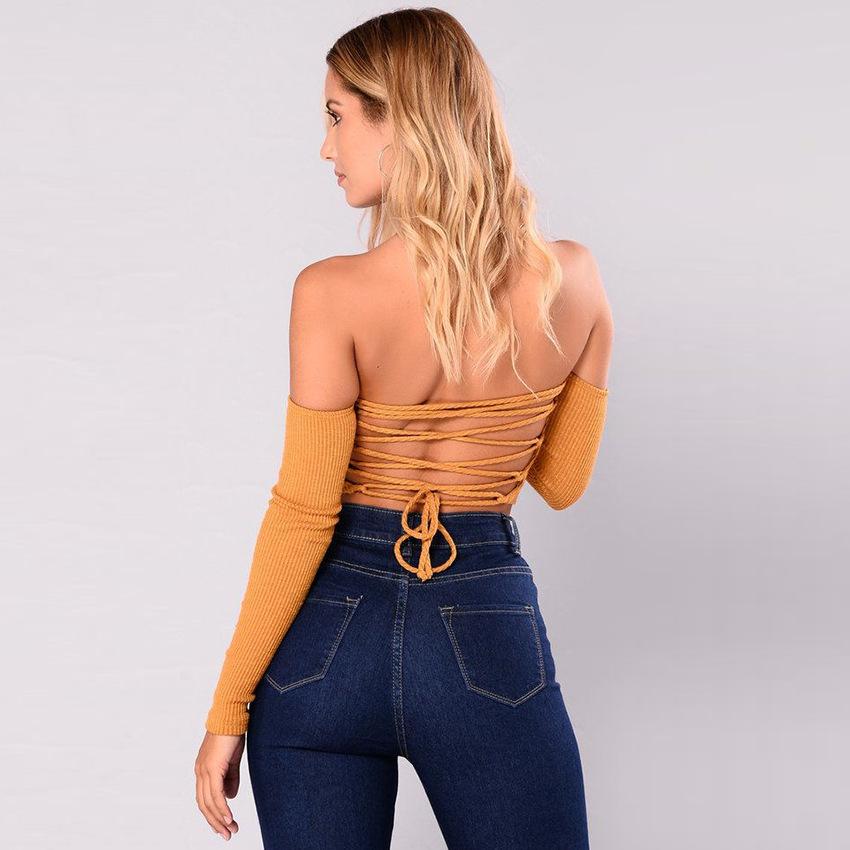 Sexy Backless Hollow Out Off the Shoulder Lace Up Long Sleeve Knitted Tops