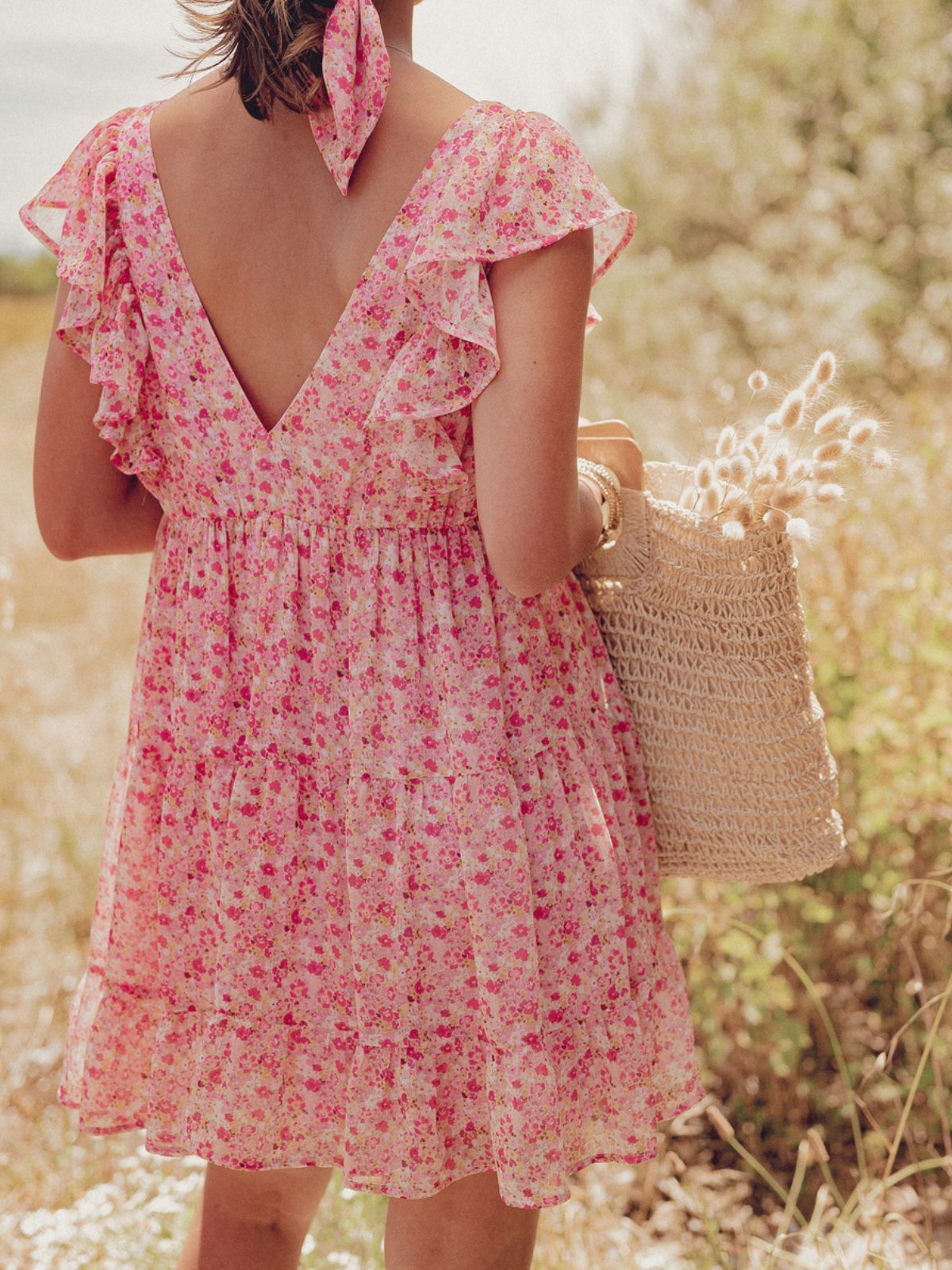 Pink Short Sleeve Casual V Neck Dresses