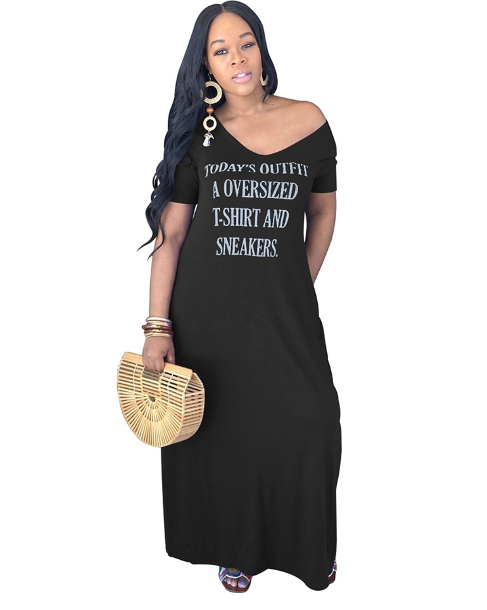 Summer Black Print V-Neck Long Maxi Dress