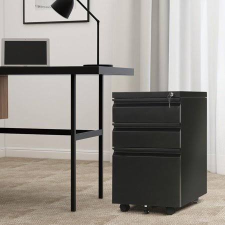 3 Drawer Mobile File Cabinet with Lock, Under Desk Metal Filing Cabinet for Legal/Letter/A4 File(Black)