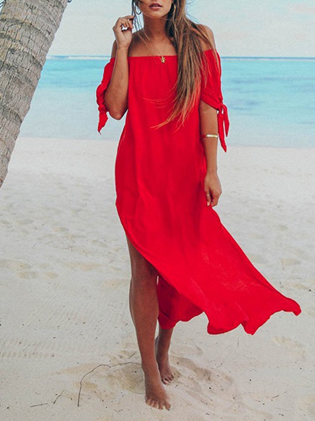 Off Shoulder Solid Boho Slit Short Sleeve Maxi Dress