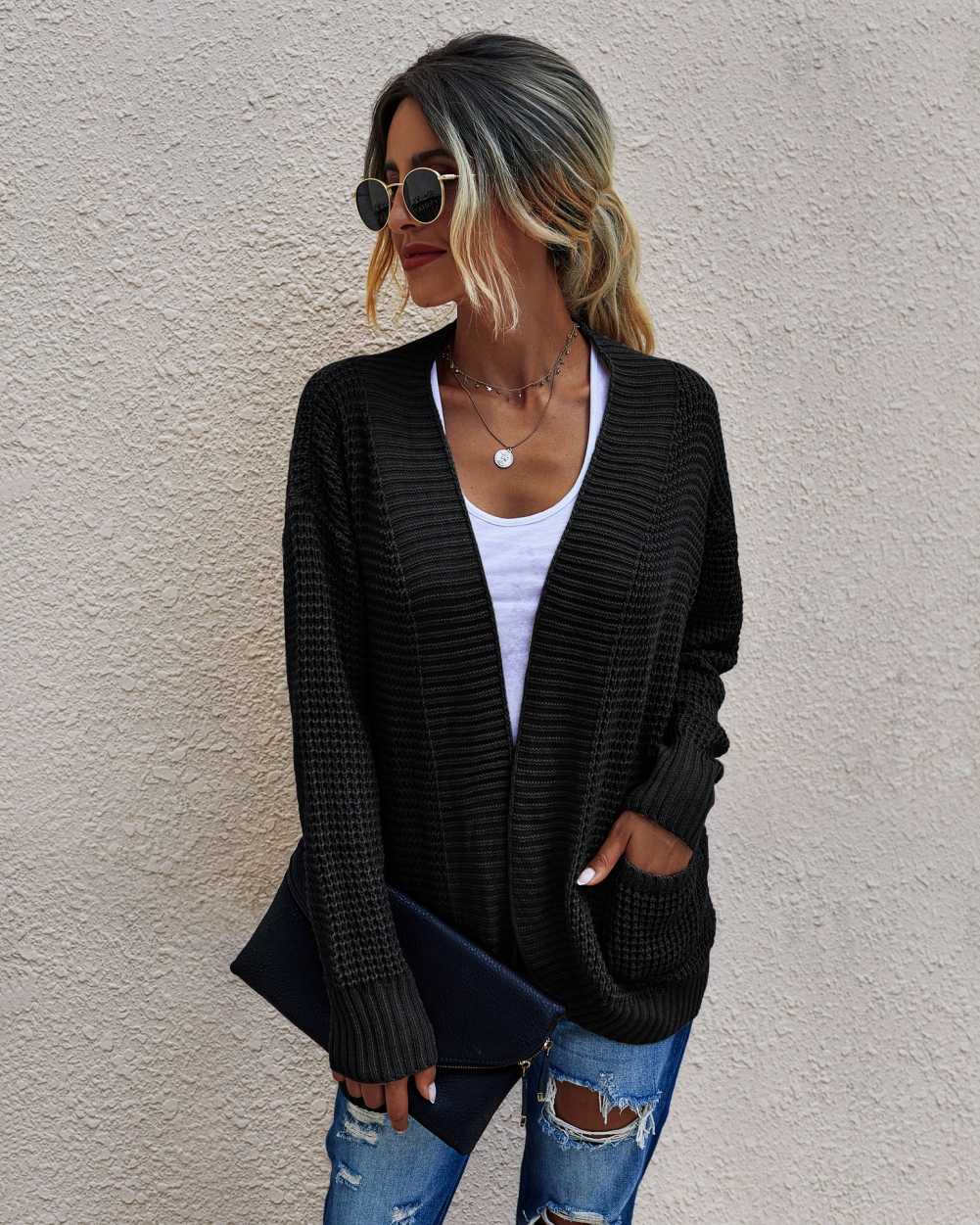 Autumn Plain Knitted Pocket Cardigans