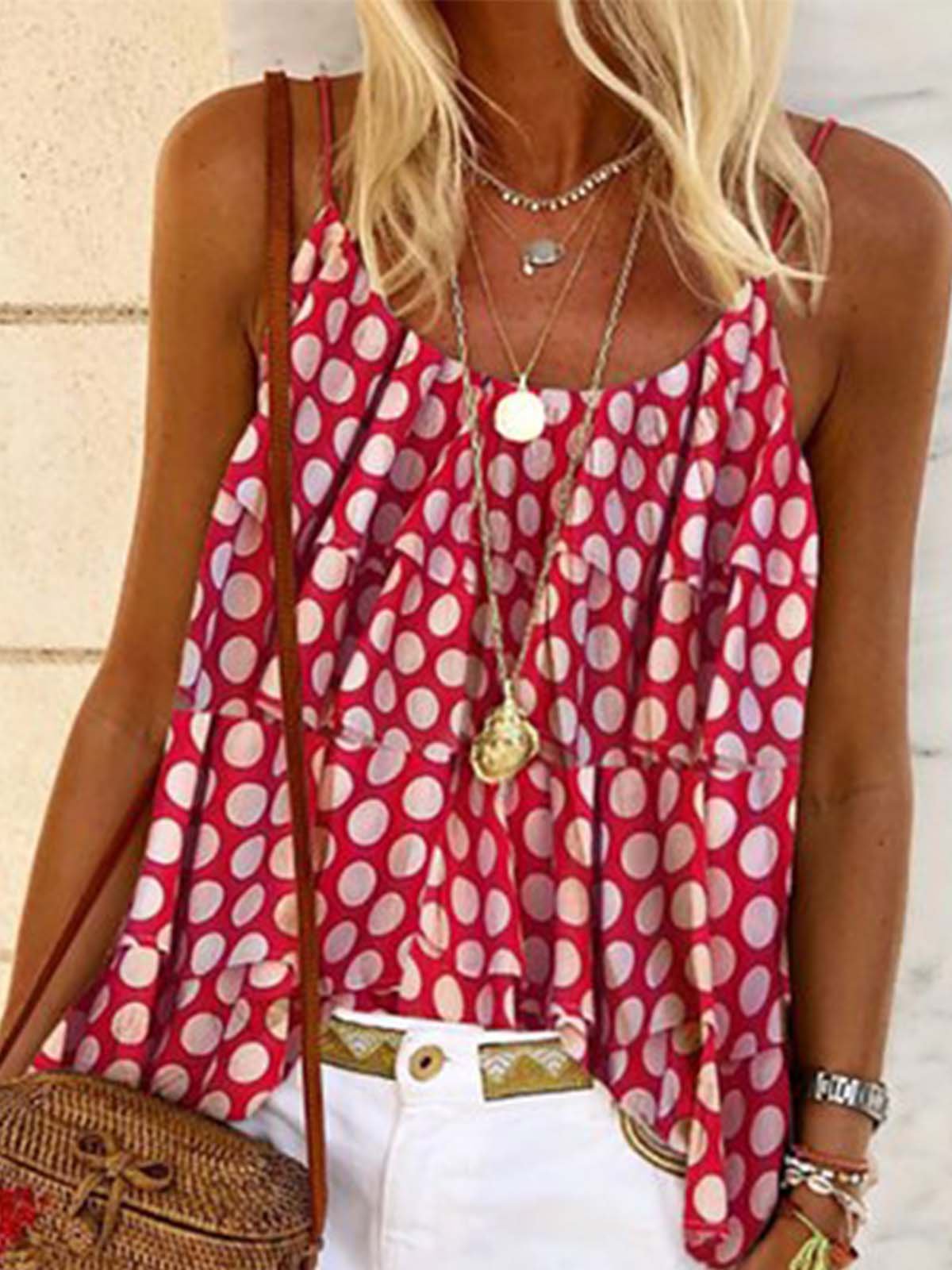 Round Neck Polka Dots Sleeveless Holiday Shirts & Tops