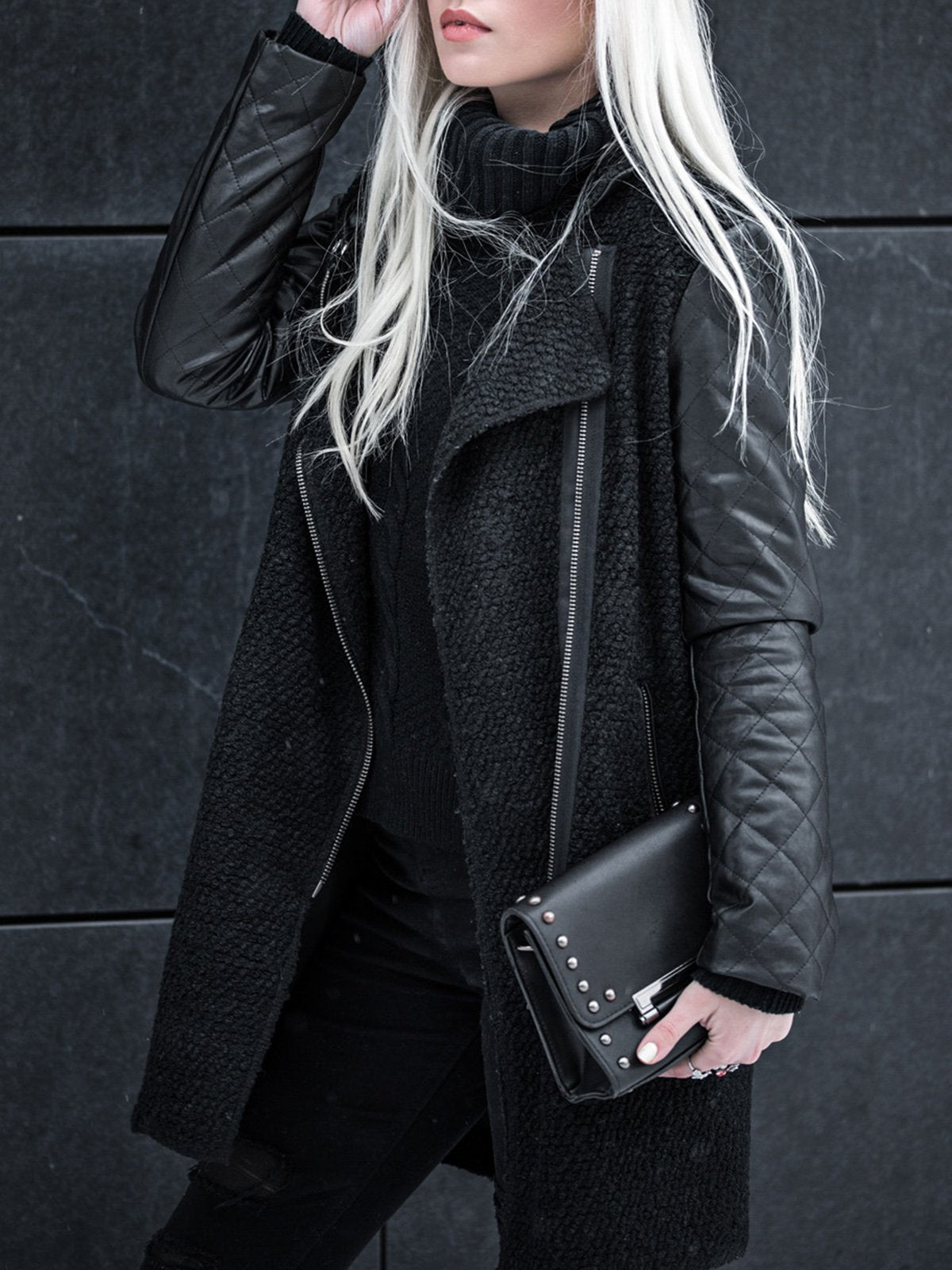 PU Paneled Casual Stand Collar Long Sleeve Pockets Coat