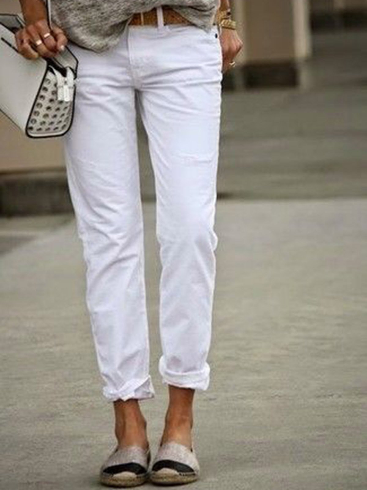 White Casual Solid Pants