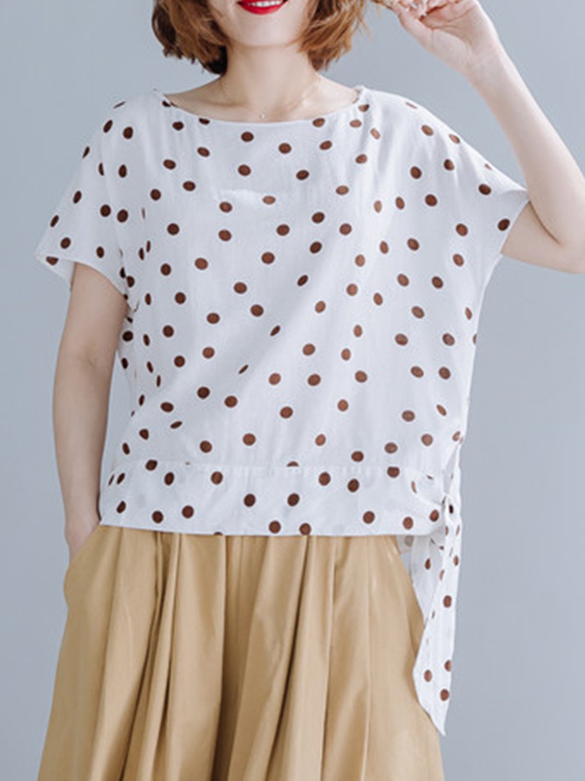 Women Short Sleeve Round Neck Vintage Polka Dots Floral Casual Tops