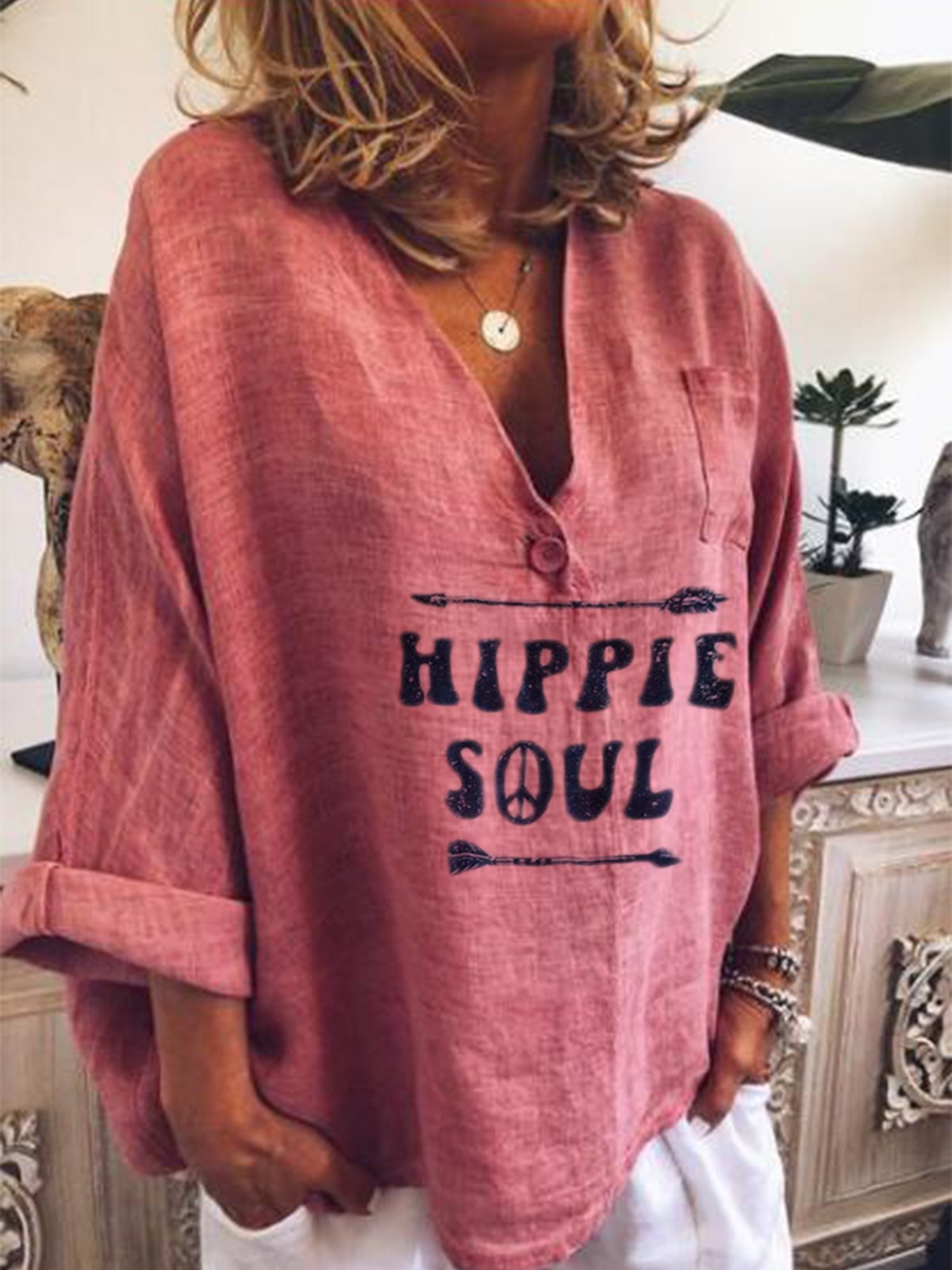 Red Printed Cotton-Blend V Neck Half Sleeve Shirts & Tops