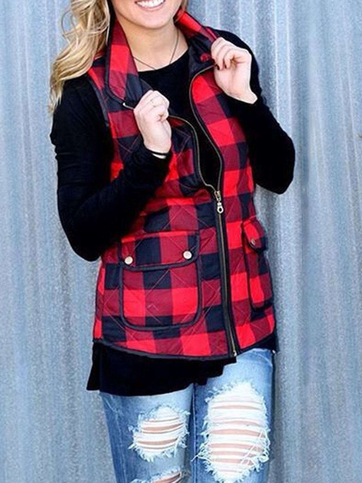 Stand Collar Casual Gingham Sleeveless Zipper Outerwear
