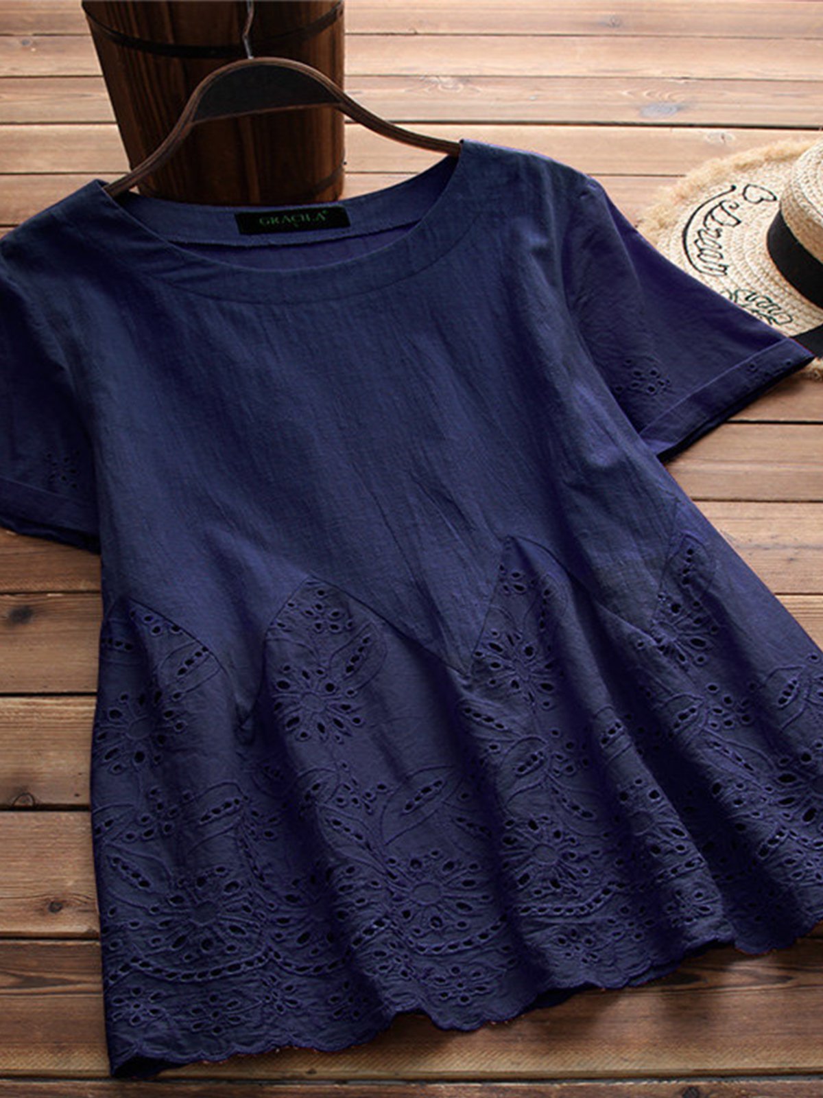 Round Neck Short Sleeve Embroidered Shirts & Tops