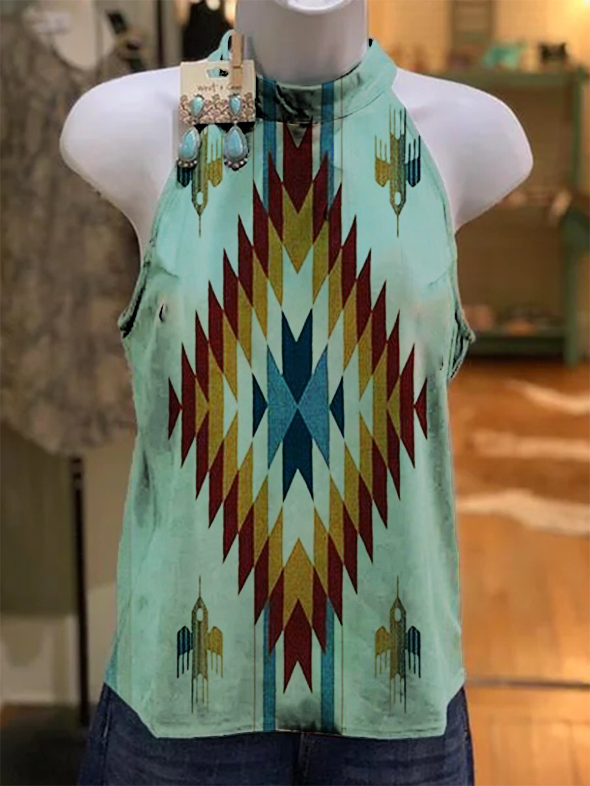 Boho Sleeveless Geometric Sweet Shirts & Tops