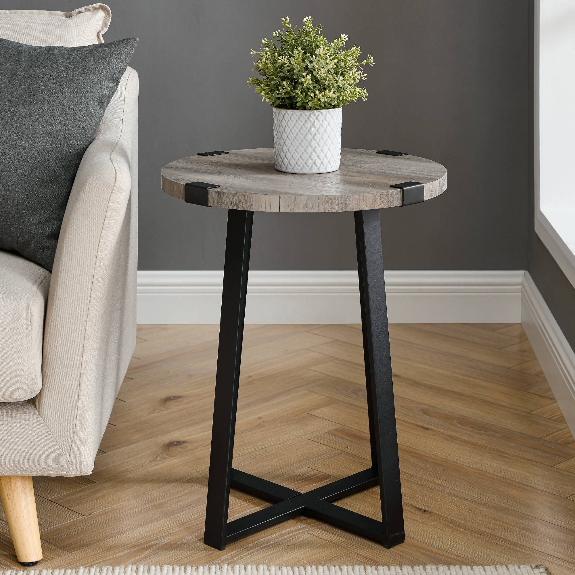 Wrightson Urban Industrial Faux Wrap Leg Round Side Table Gray Wash - Saracina Home