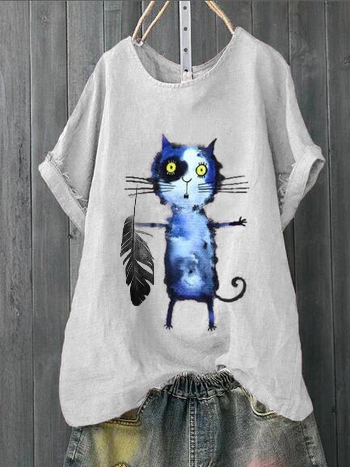 Short Sleeve Round Neck Casual Cotton-Blend Shirts & Tops