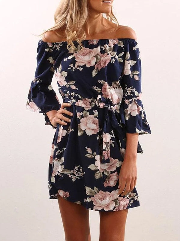 Off Shoulder  Asymmetric Hem  Belt Loops  Printed  Three Quarter Sleeve Dresses