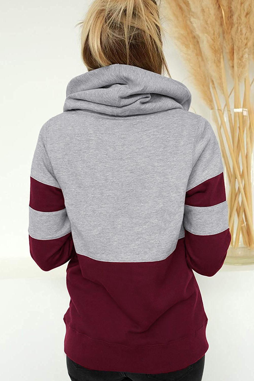 Red Color Block Long Sleeve Crewneck Pullover Hoodie
