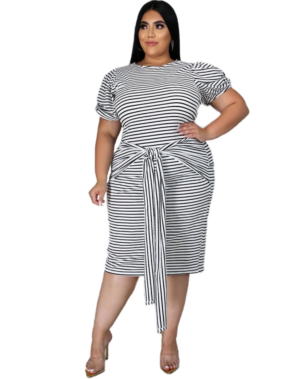 Plus Size Summer Striped Midi Dress with Belt
