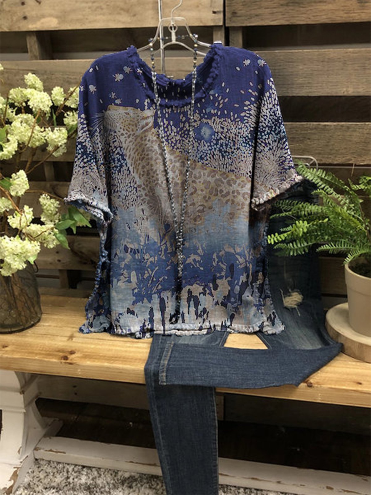 Vintage Jersey Crew Neck Floral-Print Shirts & Tops