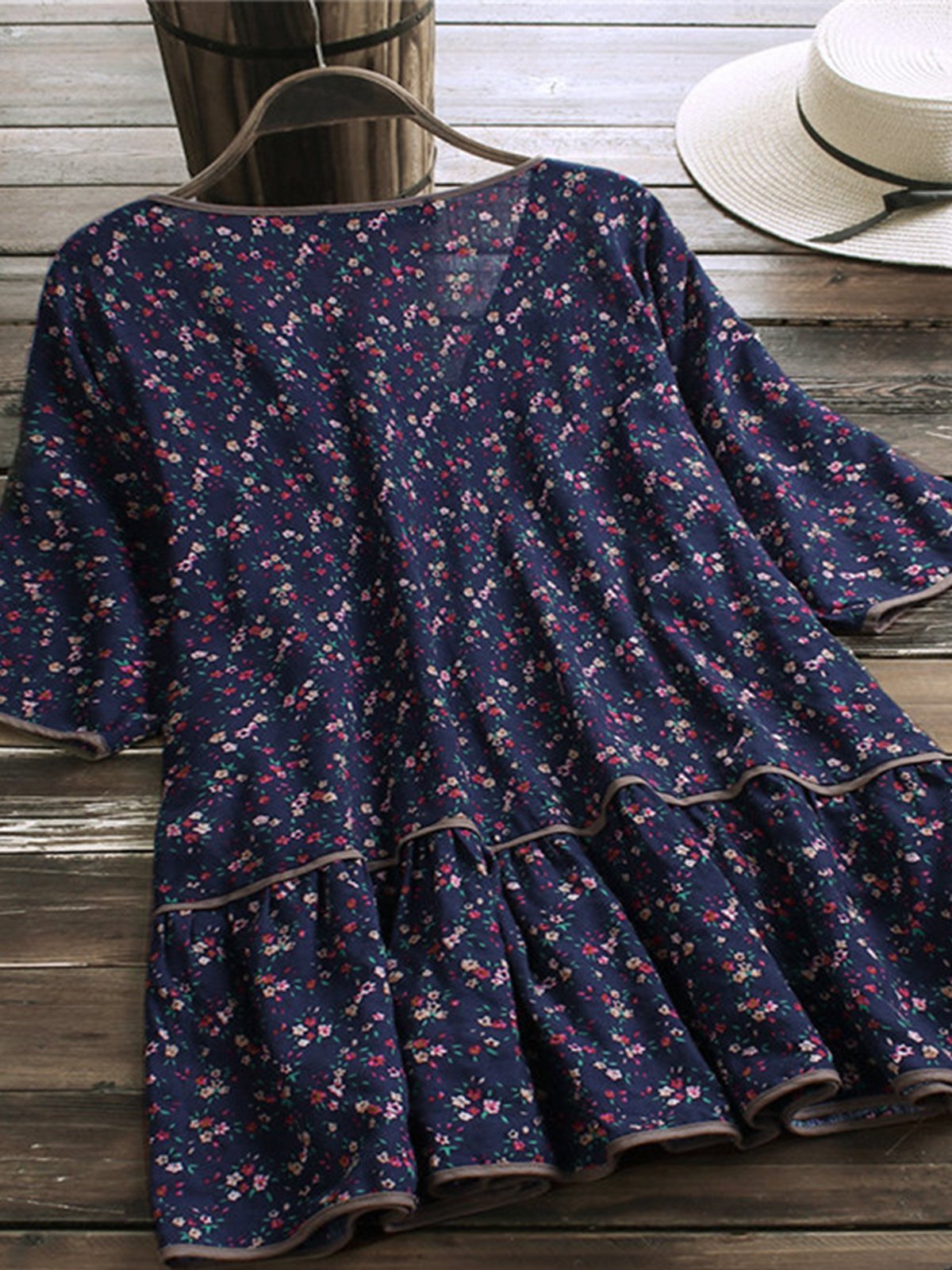 Half Sleeve Sweet V Neck Patchwork Shirts & Tops