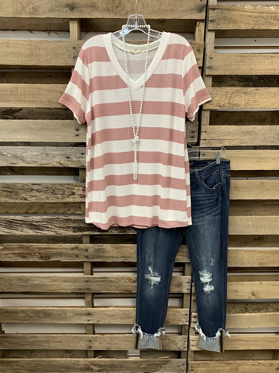 Pink-White Short Sleeve Shift Cotton-Blend Casual Tee