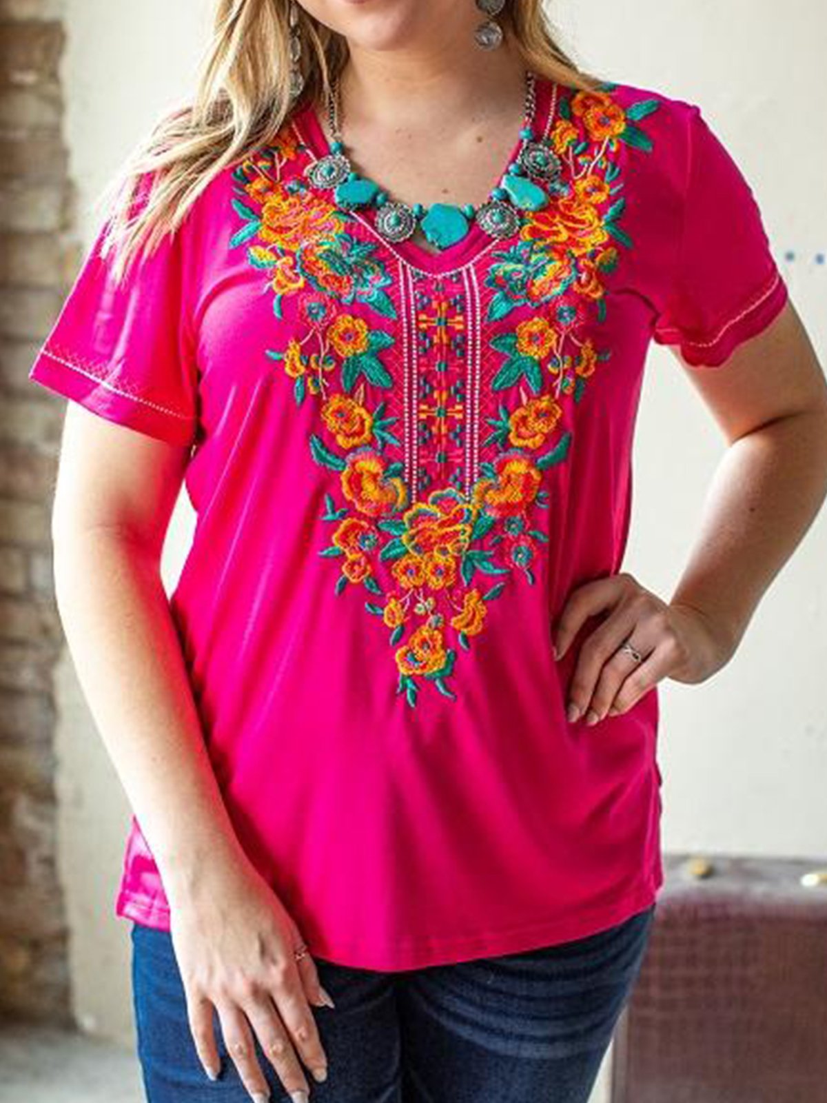 Short Sleeve Vintage Printed V Neck Shirts & Tops