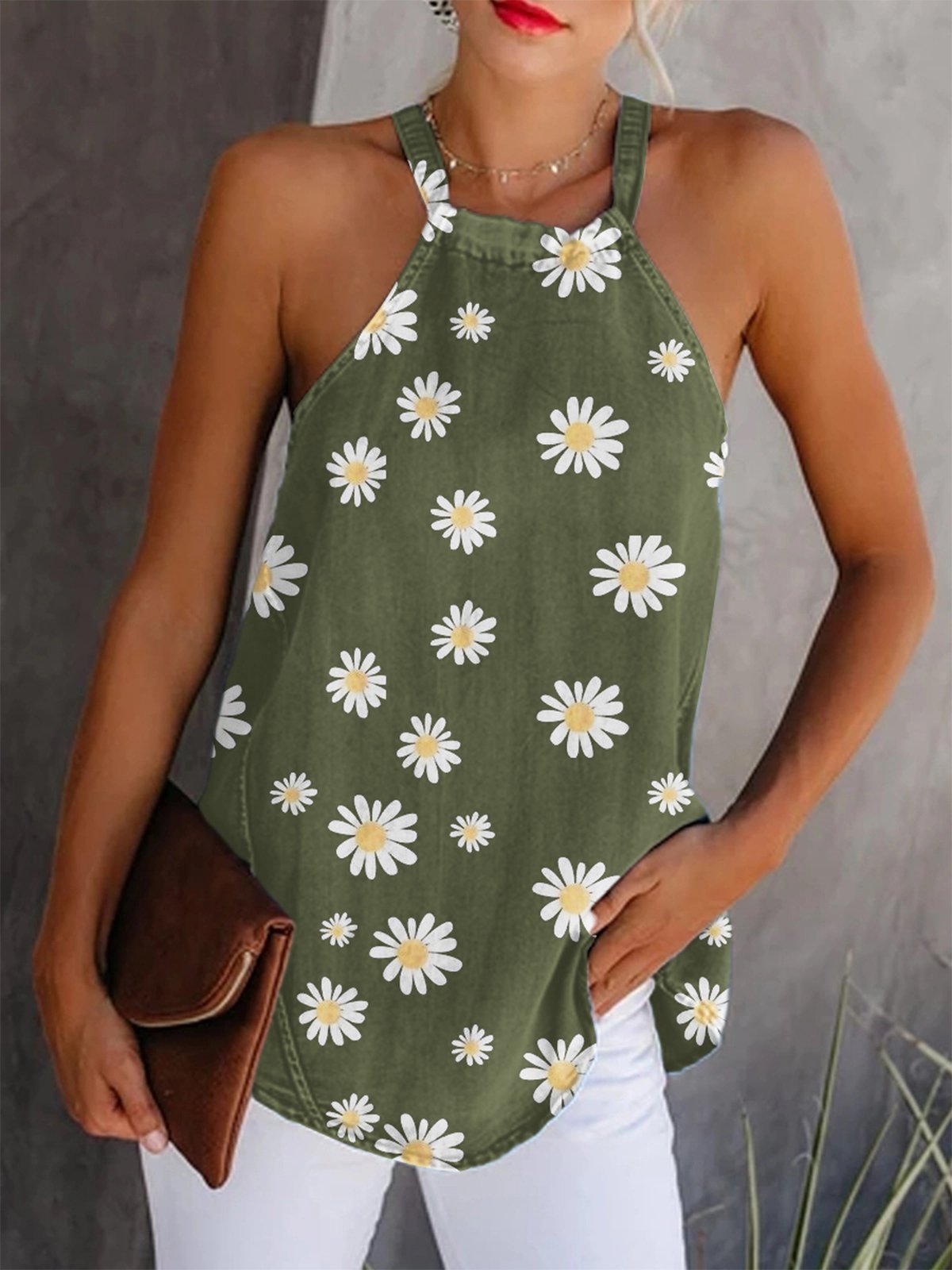 Summer casual daisy print off-shoulder T-shirt
