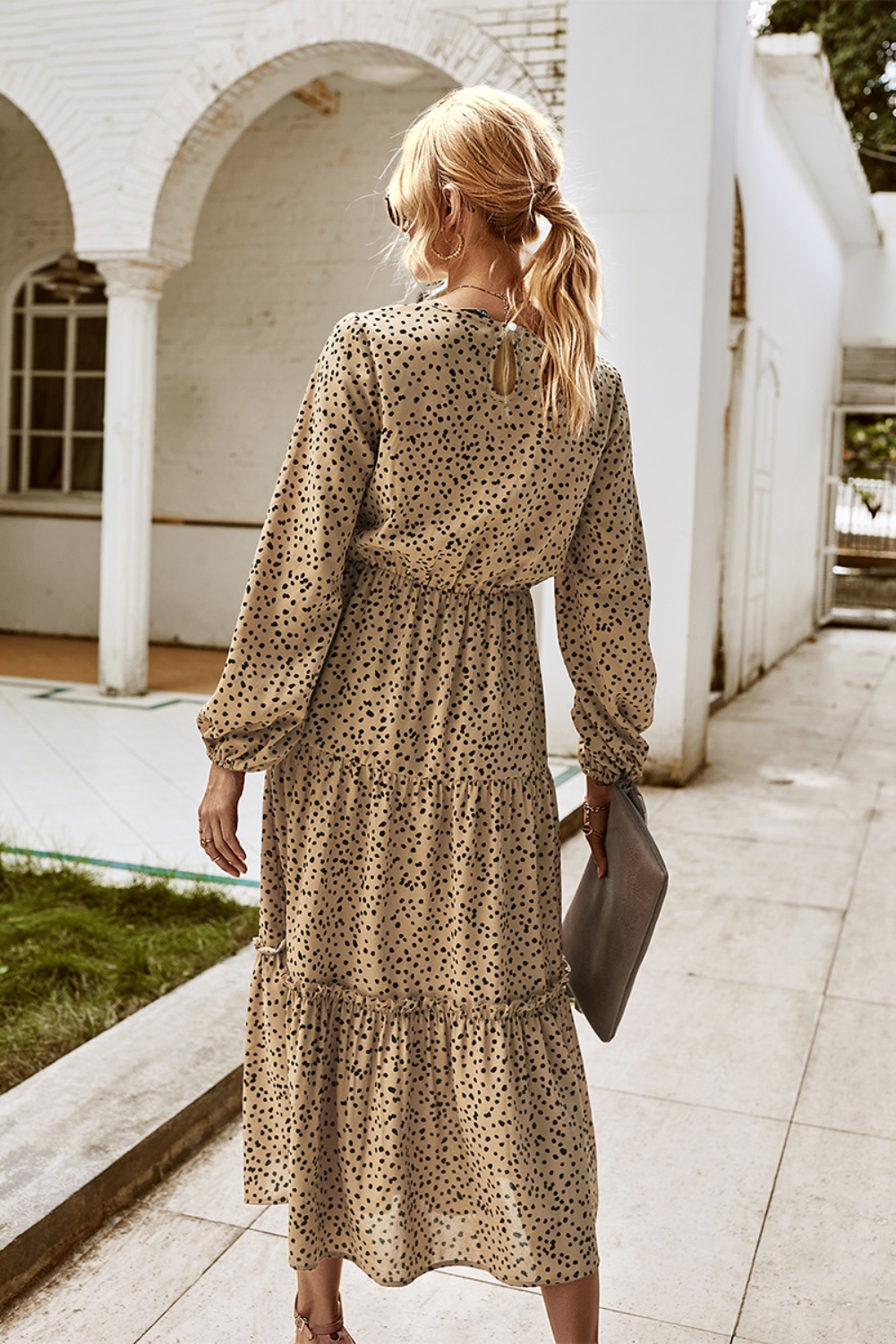 Fall Long Sleeve Square Dot Long Dress