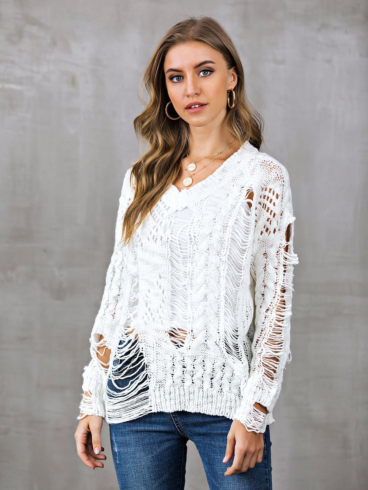 V Neck Casual Long Sleeve Ripped Sweaters