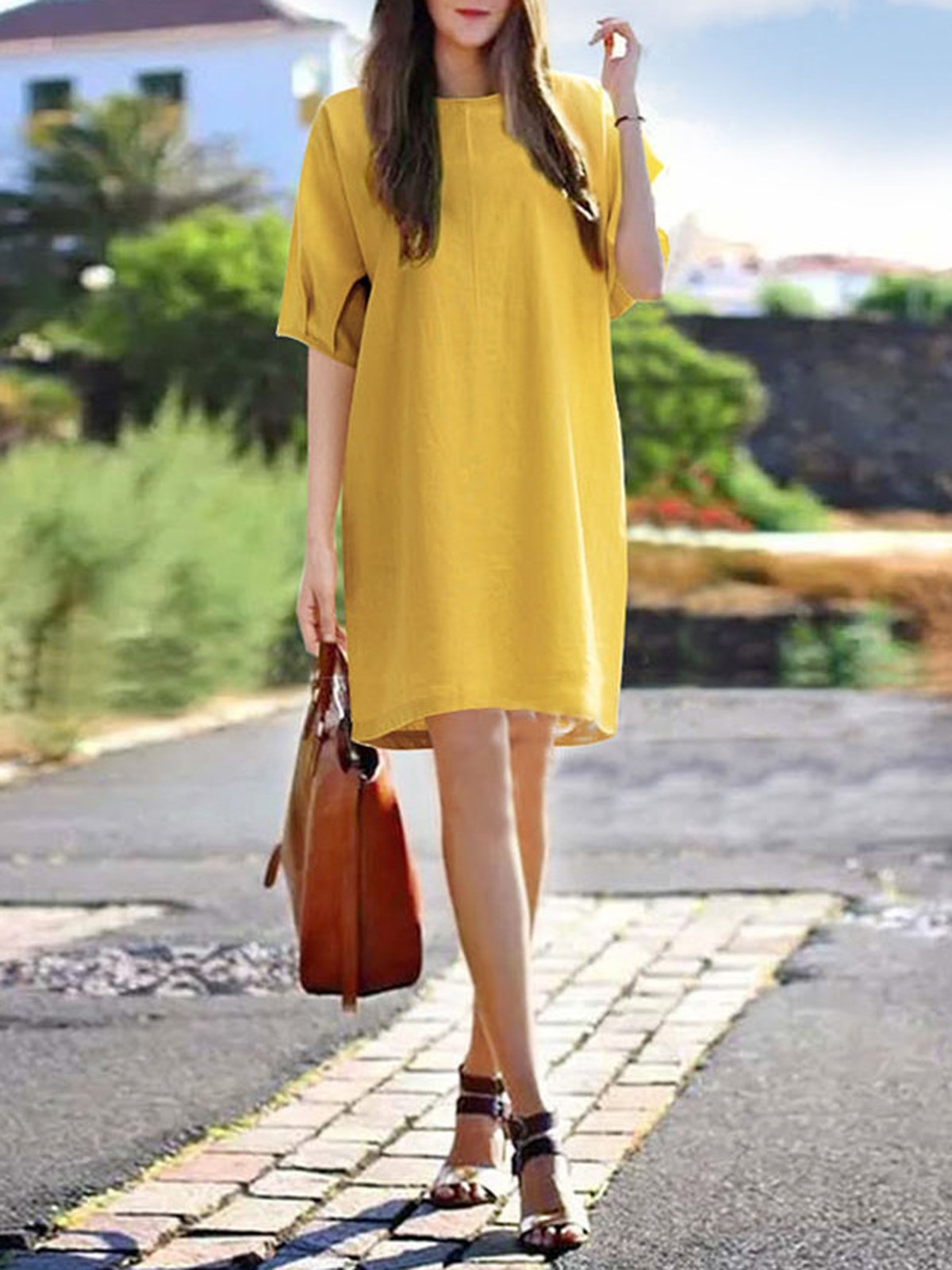 Crew Neck Solid Casual Folds Plus Size Mini Dress