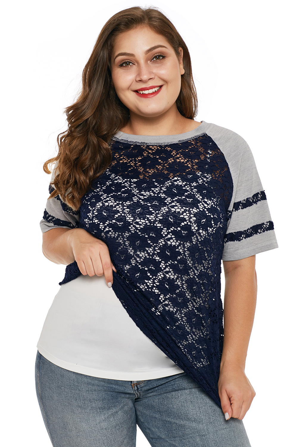 Blue Lace Panel Raglan Sleeve Plus Size T-shirt