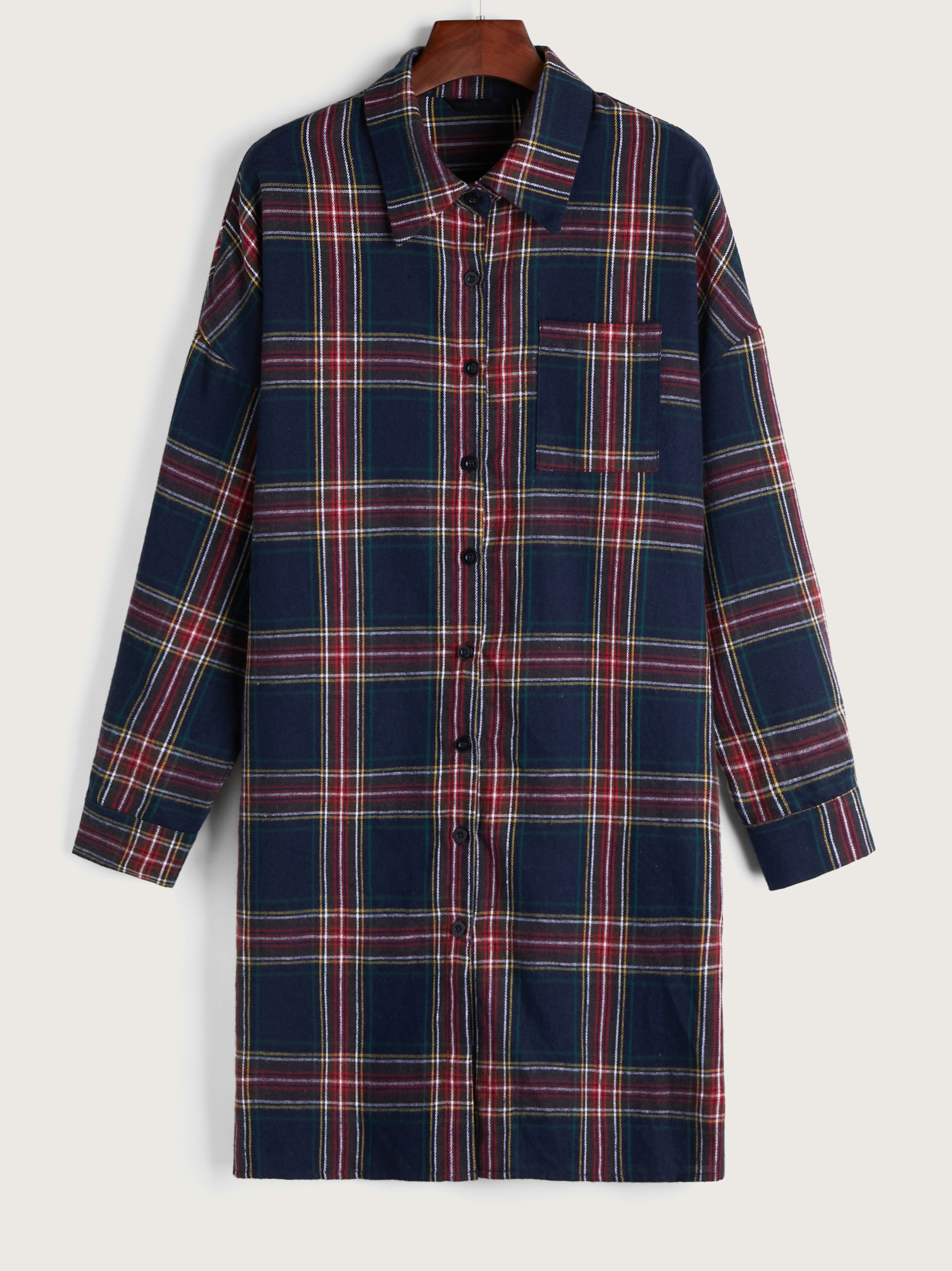 Drop Shoulder Plaid Casual Midi Shirt Dress