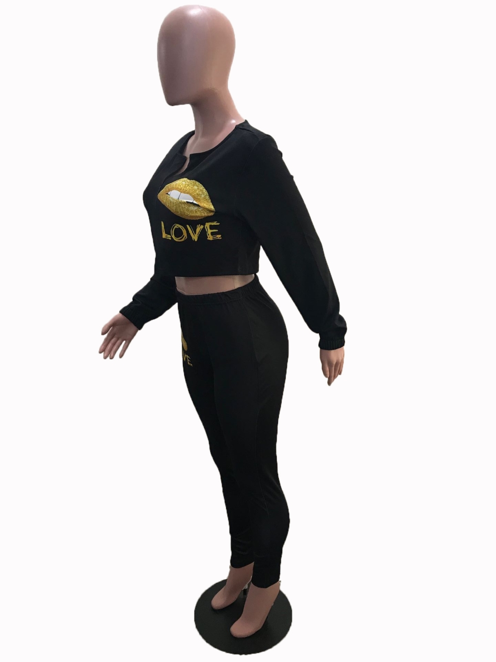 Autumn Black Print Crop Top and High Waist Pants Set