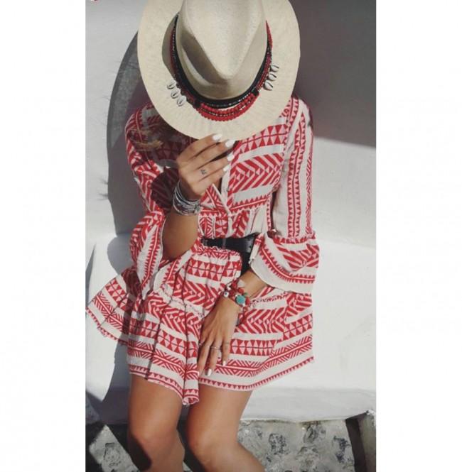V neck Women Summer Dress Swing Bell Sleeve Tribal Mini Dress