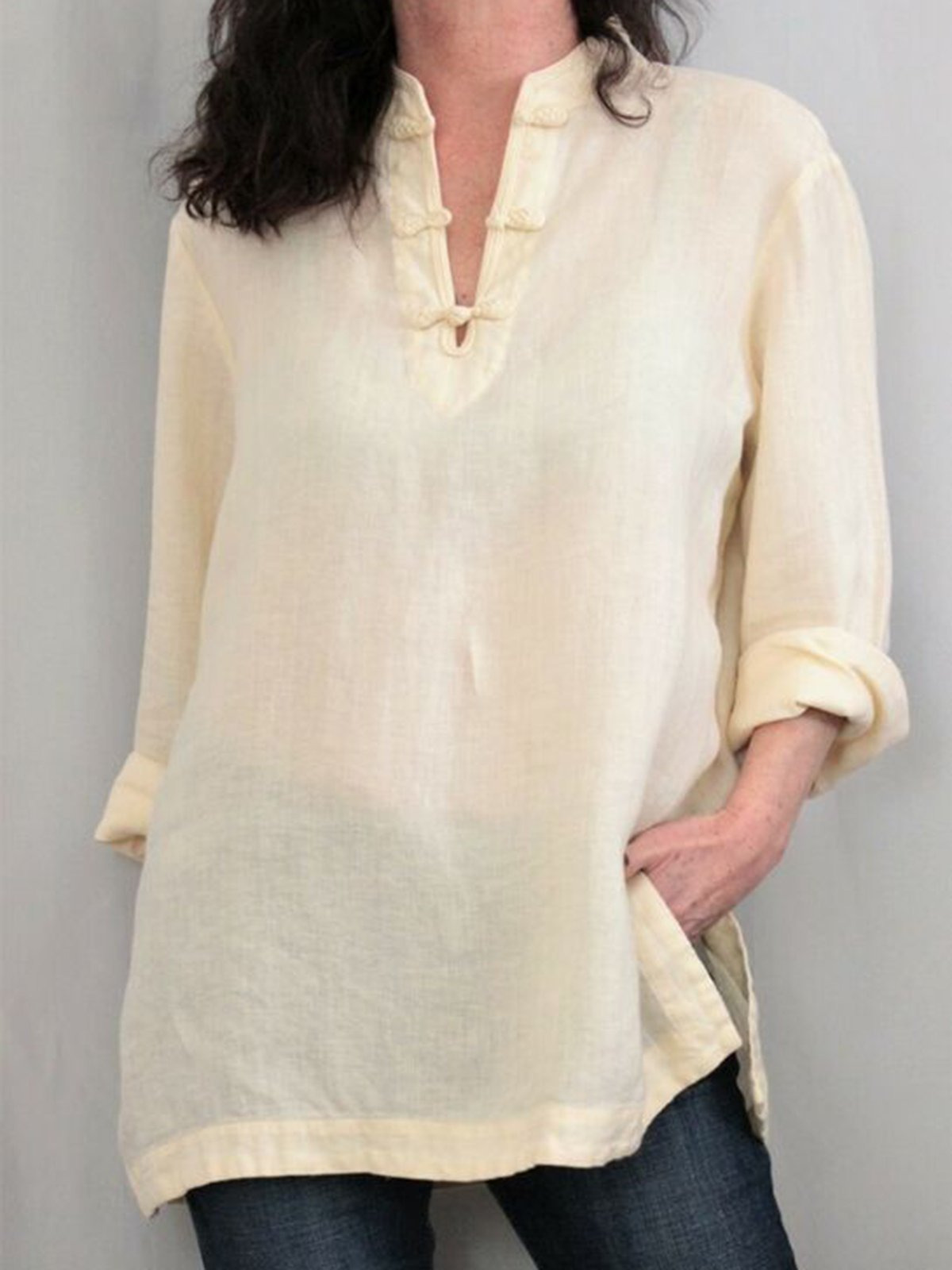 Women Tops V-Neck Long Sleeves Slit Side Casual Blouses