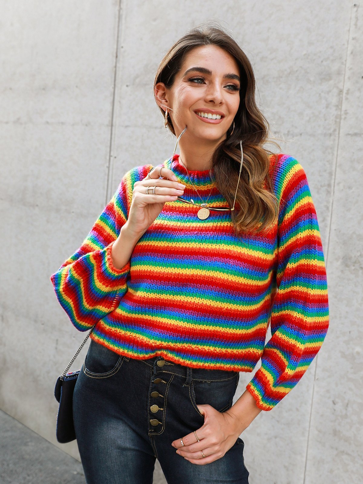 Multicolor Long Sleeve Shift Crew Neck Striped Sweaters
