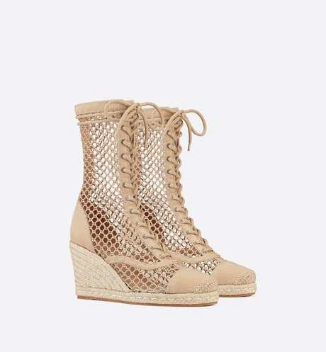 Naughtily-D Wedge Ankle Boot Cream Fishnet and Embroidered Cotton