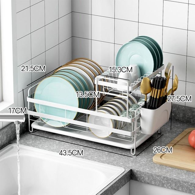 2 Tier Dish Drying Racks with Utensil Holder, Dishes Drainer and Removable Drainboard