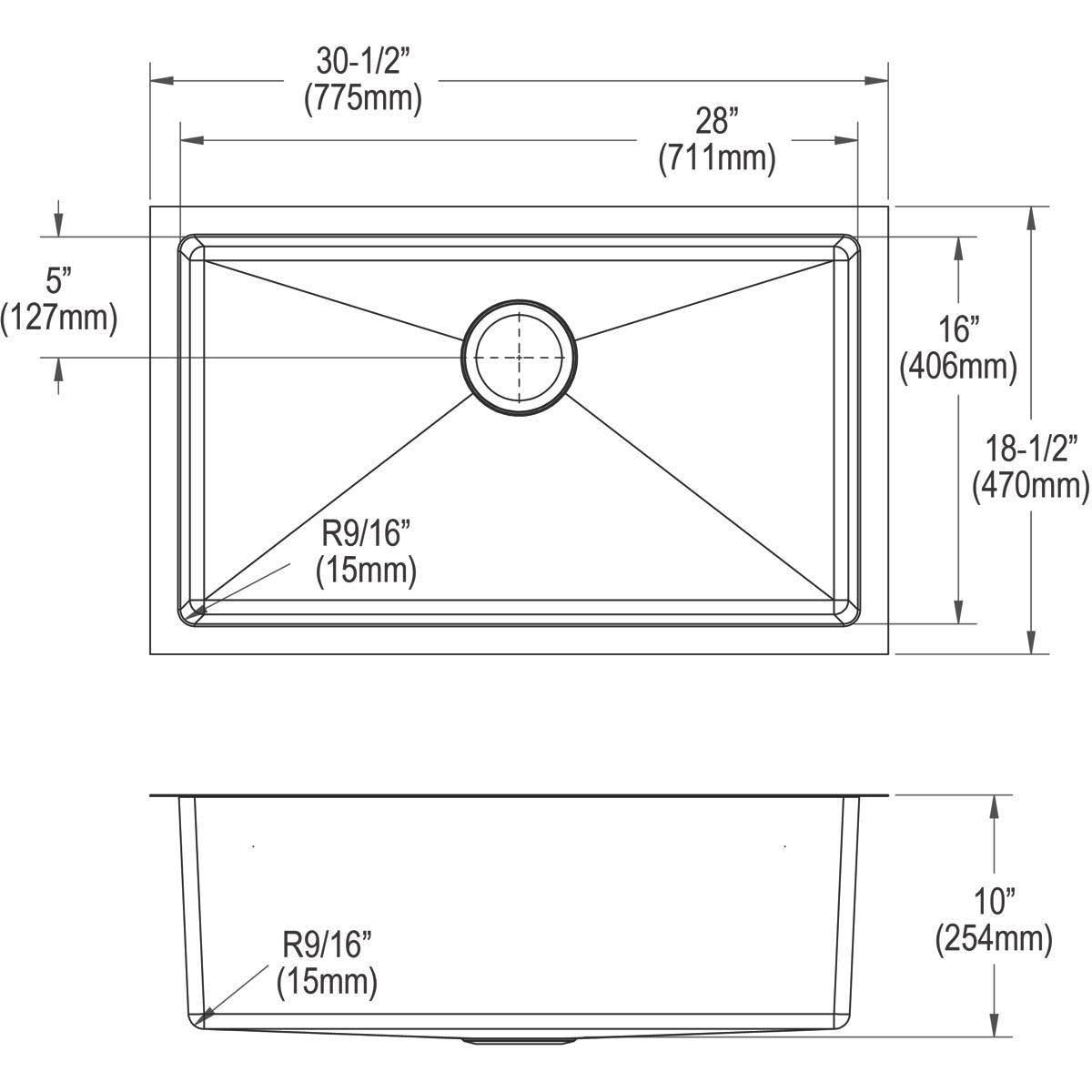 Elkay Crosstown Stainless Steel 30-1/2x22 x 18-1/2x22 x 10x22 Single Bowl Undermount Sink Kit EFRU281610TC