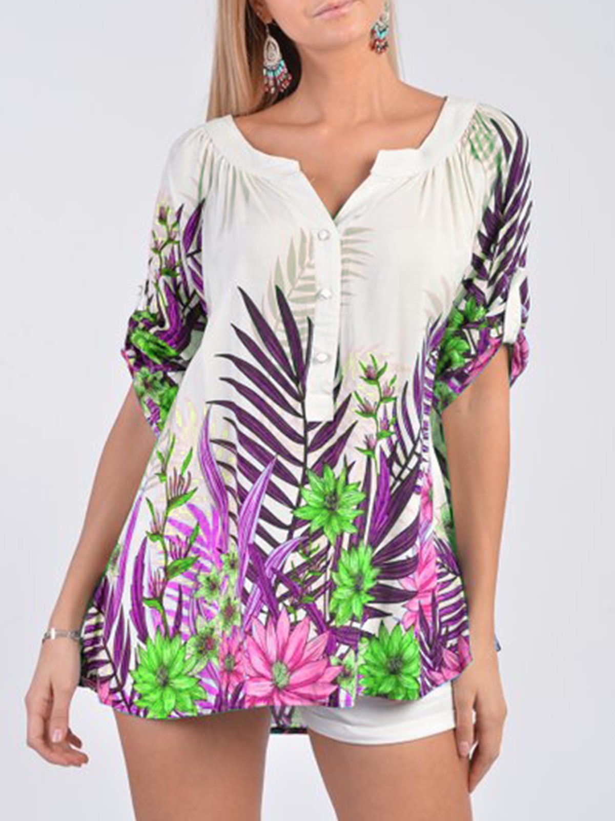 Vintage Floral Printed Short Sleeve Shirt For Women