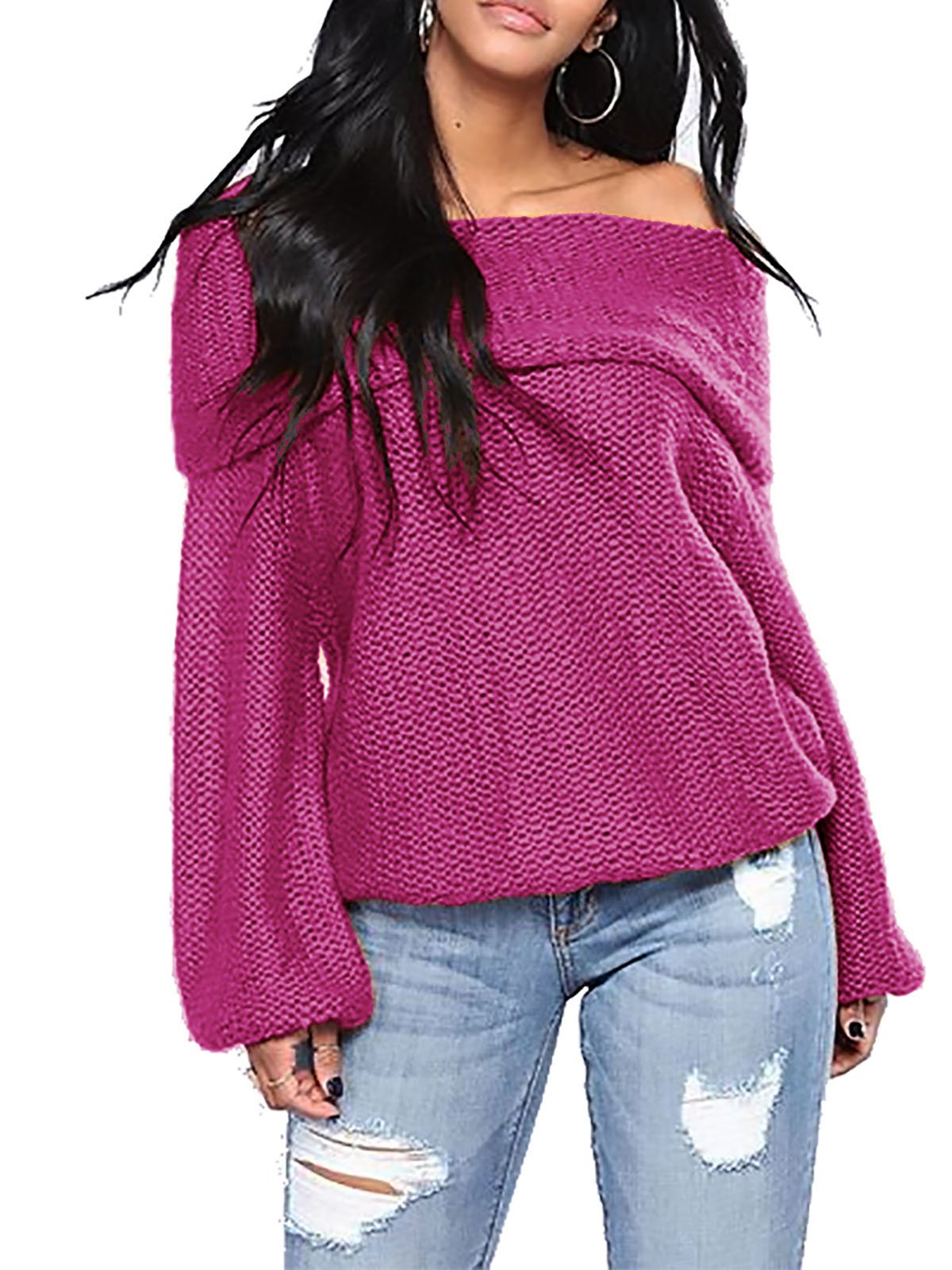 Balloon Sleeve Cold Shoulder Casual Knitted Sweater