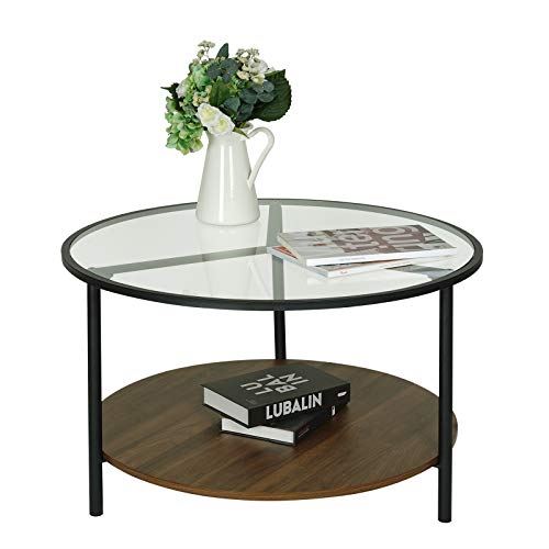 Round Coffee Table w/ Walnut Wooden Base & Metal Frame for Living Room/2 Tier